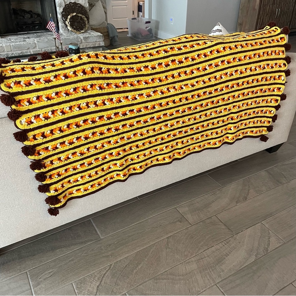 Vintage Handmade Crochet 70s Afghan Throw Blanket Yellow Tassels